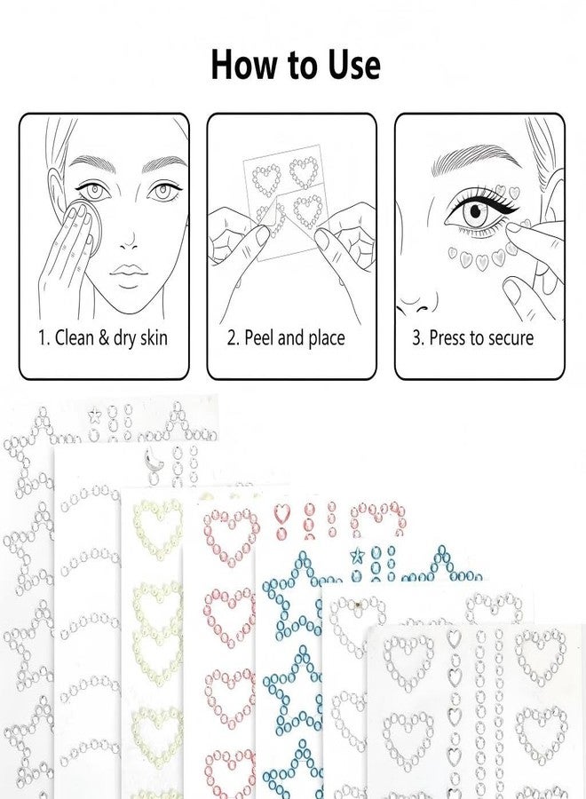 Dcoteh 7 Sheets Self-Adhesive Face Gems, 3D Heart & Star Rhinestone Stickers for Face, Hair, Nails, and DIY Crafts - Perfect for Kids, Girls, and Party Makeup (Pink, Silver, Pearl) - Image 5
